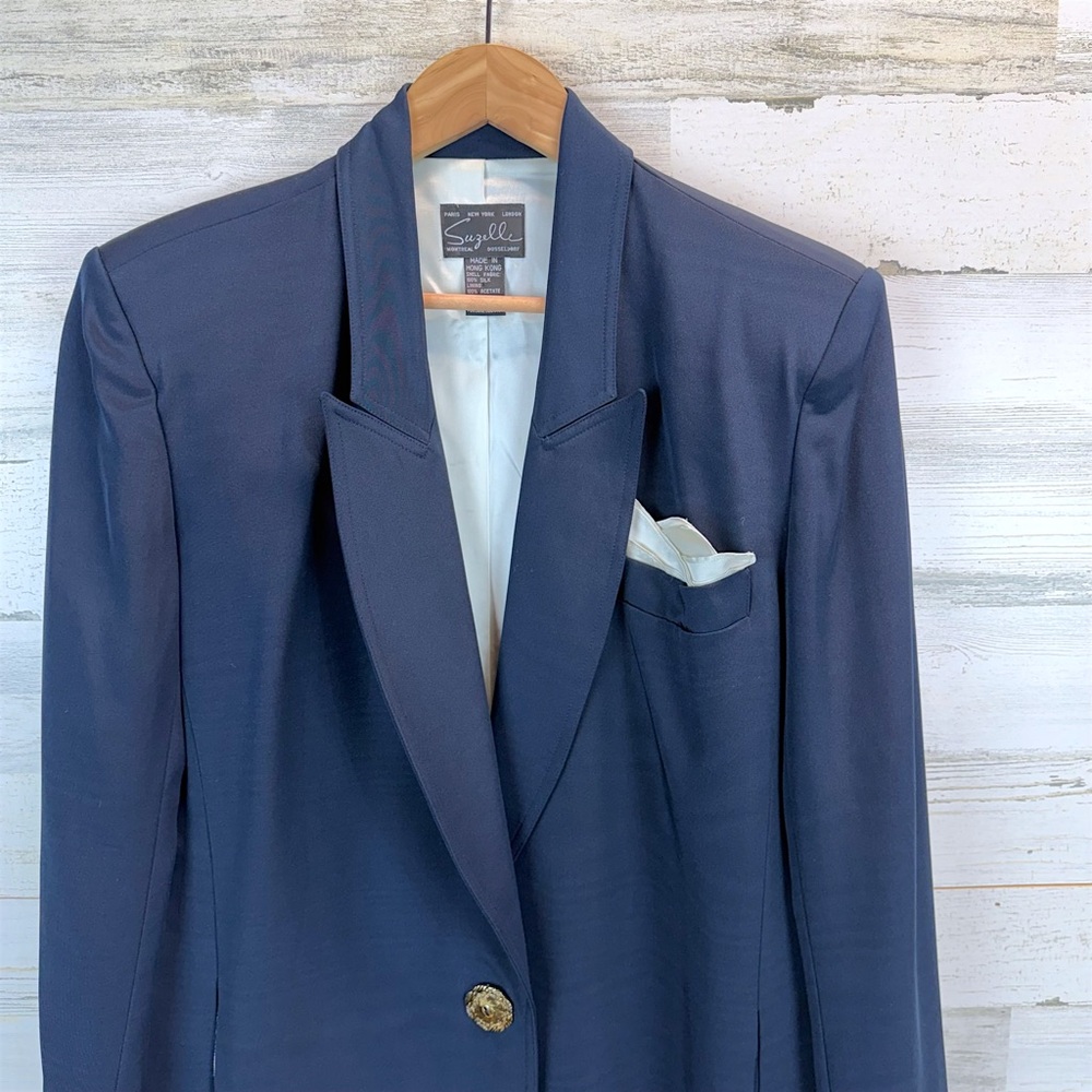Vintage 90s Suzelle Silk Blazer Navy Gold Buttons Old Money Power Blazer 10 - Picture 7 of 11